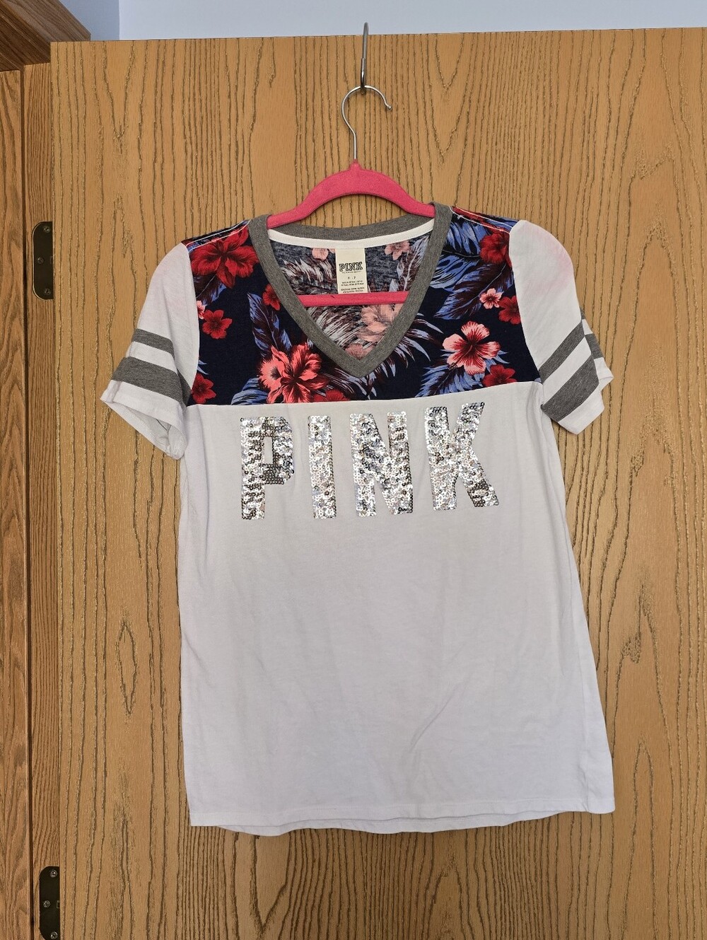 PINK Victoria's Secret White Tee with Floral Yoke and Sequin Logo